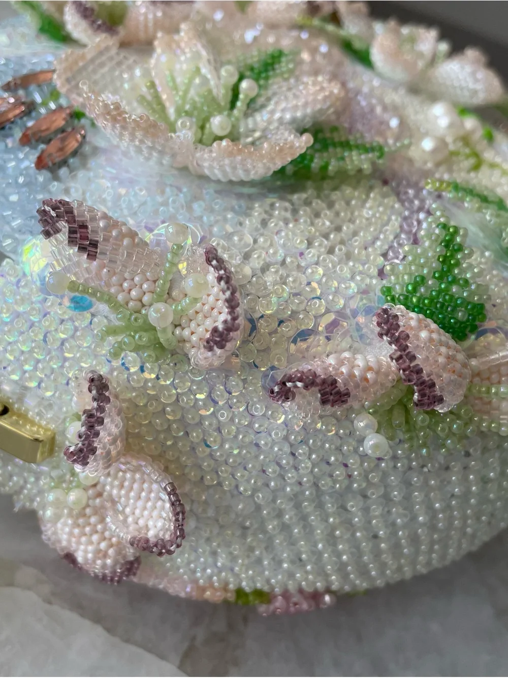 Handcrafted White & Green Floral Beaded Evening Clutch